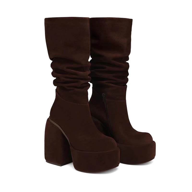 Spring Boots Girls Platform Brown Chunky Heel Black Suede Cover Knee Calf Loose Shoes Women Round Dress Design Booties