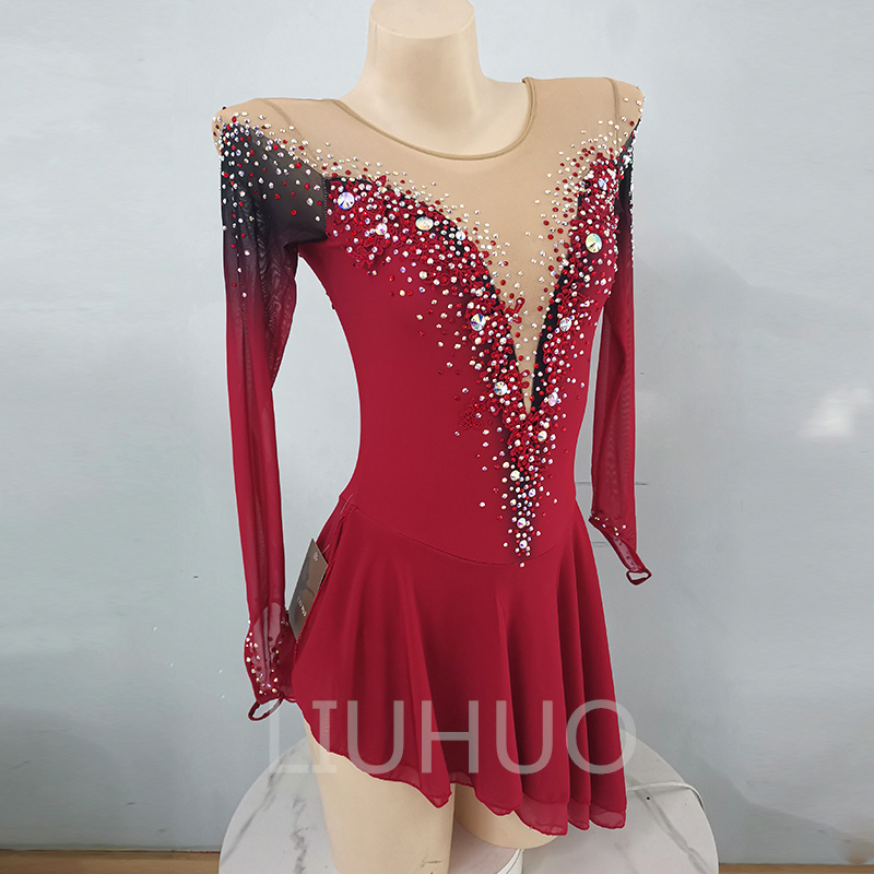 LIUHUO robe de patinage artistique filles adolescents jupe de danse de patinage sur glace rouge cristaux de qualité vêtements de danse Performance de Ballet