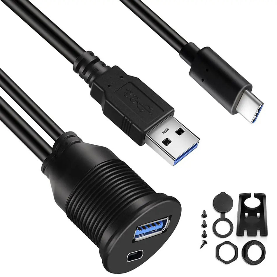 USB 3.0 Typ C 3.1 Auto-Unterputzkabel, Armaturenbrett, wasserdichtes Verlängerungskabel für LKW, Boot, Motorrad, 1 m