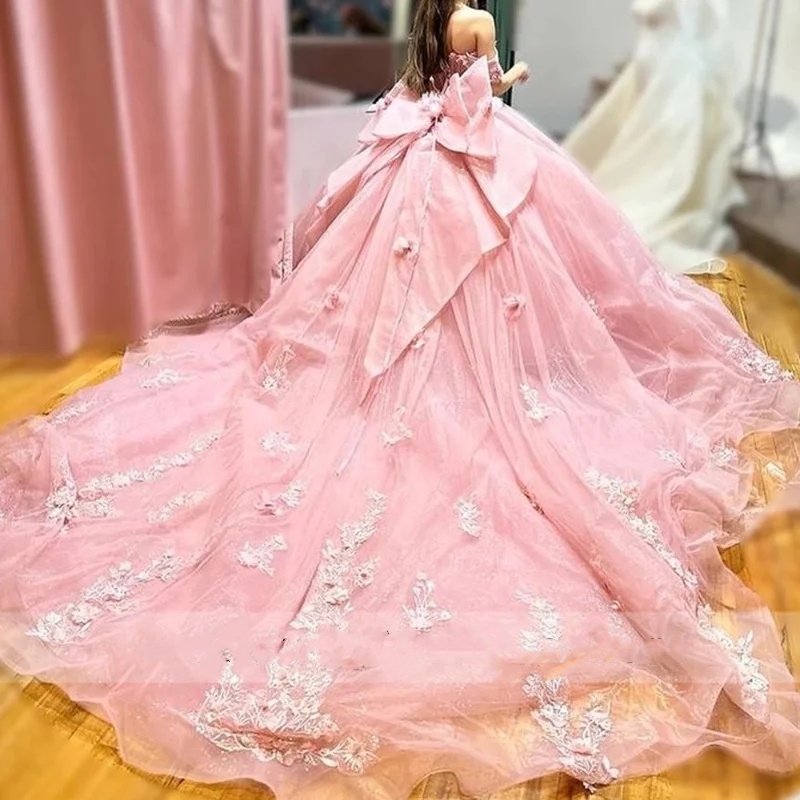 Bonito rosa quinceanera vestidos grande arco vestido de baile floral apliques contas de cristal doce 16 vestidos rendas festa de aniversário personalizado