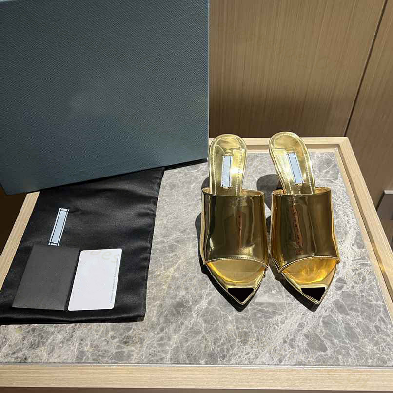 Designer Women Formal Shoes Printed Perspex High Heels Fashion Milanese Slippers Gold Silver Metallic Leather Thick Heels Cushion Slippers