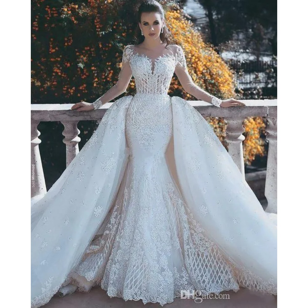 Stunningbride 2024 New Mermaid Lace Wedding Dresses With Detachable Train Sheer Neck Long Sleeves Beaded Overskirt Dubai Arabic Bridal
