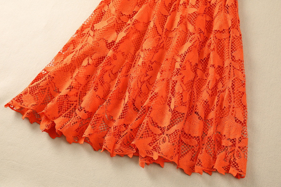 2024 Spring Orange Floral Lace Dress Spaghetti Strap Square Neck Paneled Midi Casual Dresses S4J160110 Plus Size XXL