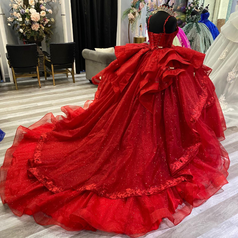 Rode Quinceanera Jurk Uit de Schouder Baljurk Kant Applique Kralen Tull Zoete 16 Jaar Oude Feestjurk vestidos De 15 Anos