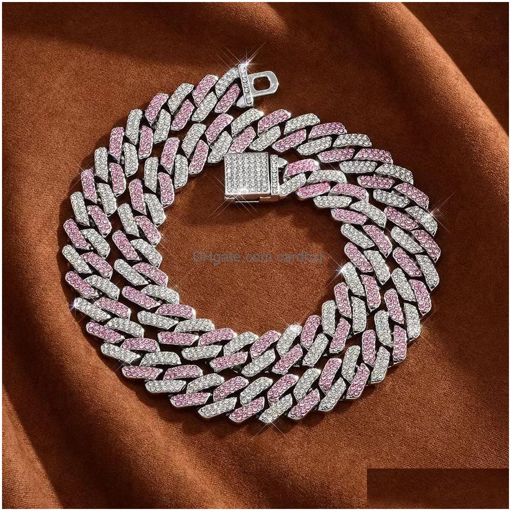 Armband Halskette 14 mm kubanische Gliederkette Halskette Armbänder Set Bling Hip Hop Iced Out Diamant Gold Sier Rapper Ketten Frauen Luxus Dhbnu