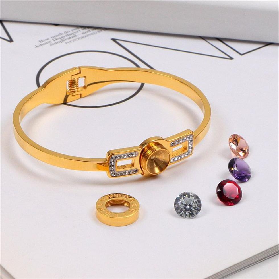 Fashion Design Women Bangles Roman Numerals Three-dimensional Colored CZ Stone Change Diamond Hollowed Titanium Steel Bra248Z