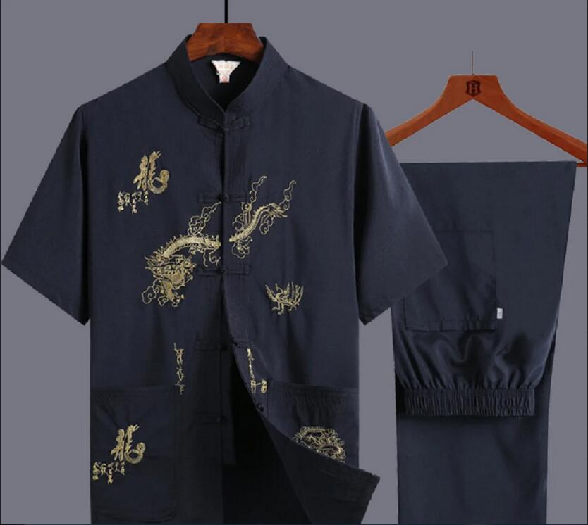 Commercio all'ingrosso dei nuovi uomini di stile cinese vestito di linguetta ricamato drago manica corta Kung Fu arte marziale abbigliamento Hanfu pigiama Set M-XXXL