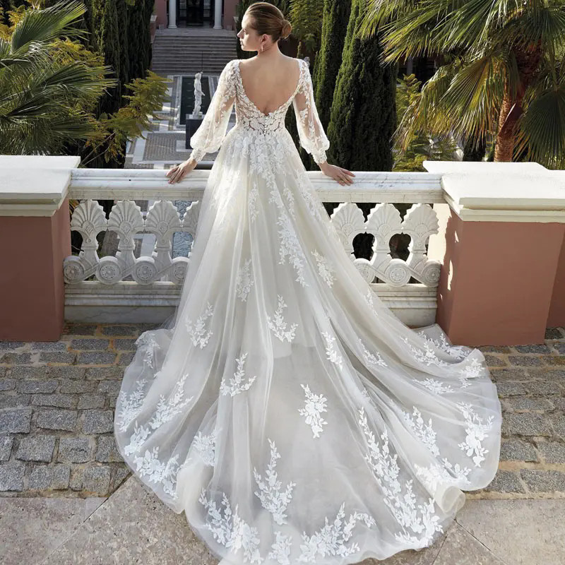 Modern V-neck Applique A-line Wedding Dress Bride 2024 with Long Sleeves Bridal Gown Civil Custom Vestido De Novia YD