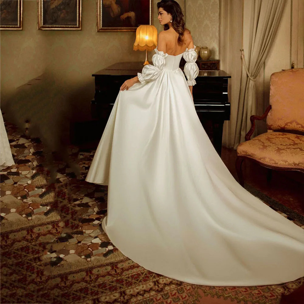 Moderno vestido de casamento linha a moderno colher pescoço mangas compridas puff vestido até o chão vestidos de novia yd
