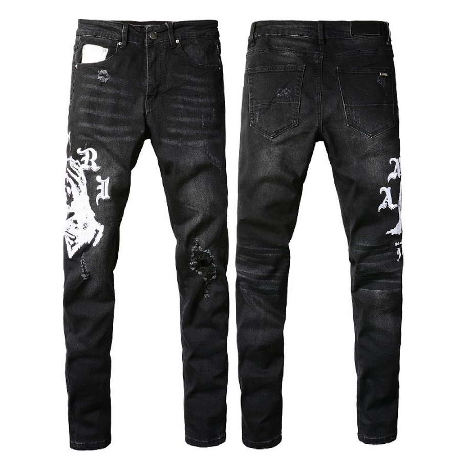 AMR Street Hip-Hop Drip Style Men's Vintage Water-Washed Jeans, Elastic Slim Fit, Leather Patch, Embroidery, High-Quality Long Pants