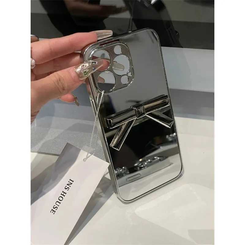 Handyhüllen Abendtaschen Luxus glänzend PlatSilver Spiegel 3D Schleife Handyhülle für iPhone 15 Pro 14 13 12 11 XR X 7 8 Plus mit Armband Hard Back Cover J240123