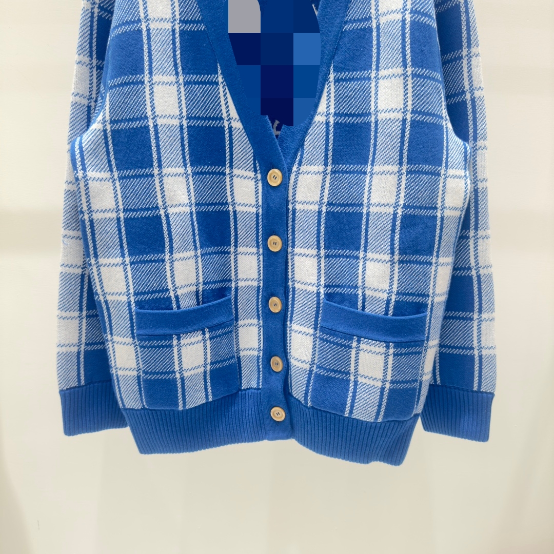 11002 2024 Runway Summer Brand SAme Style Sweater Long Sleeve V Neck Cardigan Fashion Clothes Plaid Blue High Quality Womens weilan