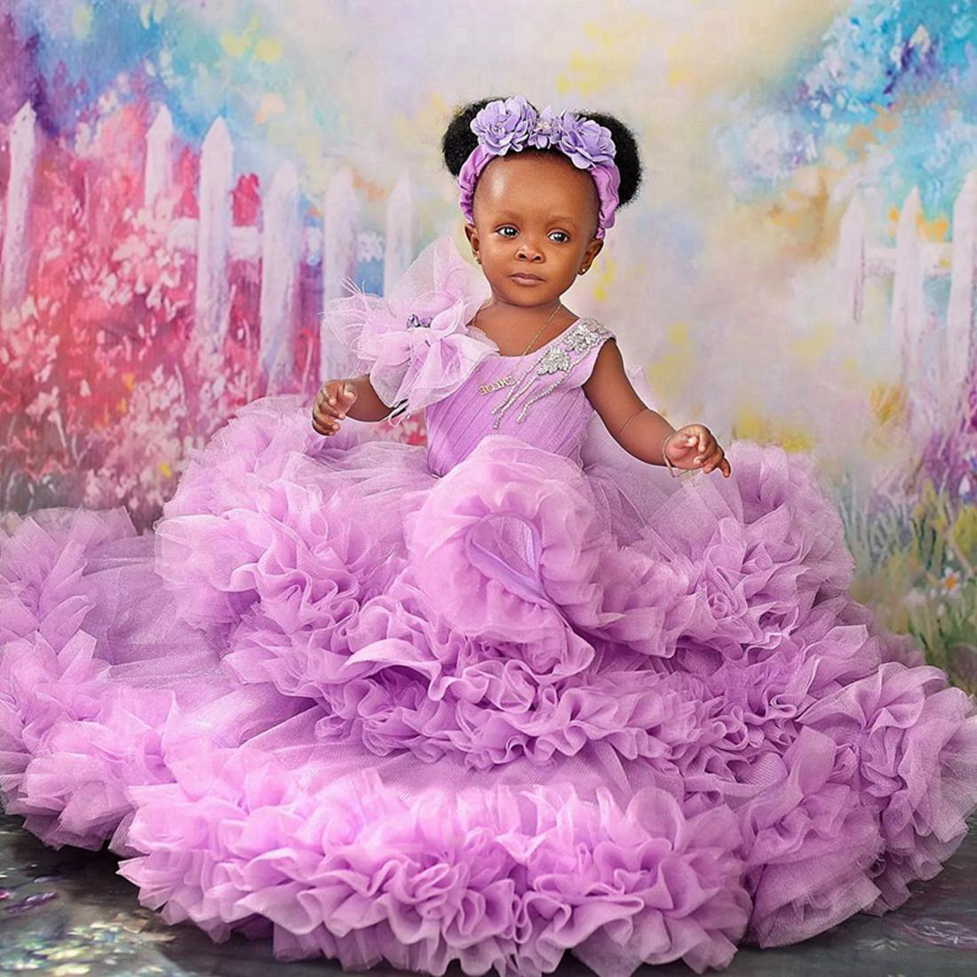 Purple Flower Girl Dresses Juvel Appliced ​​Spets Tiered Tulle Ball Gown Princess Flowergirl Little Kids First Birthday Party Daughter and Mother Dress CF019