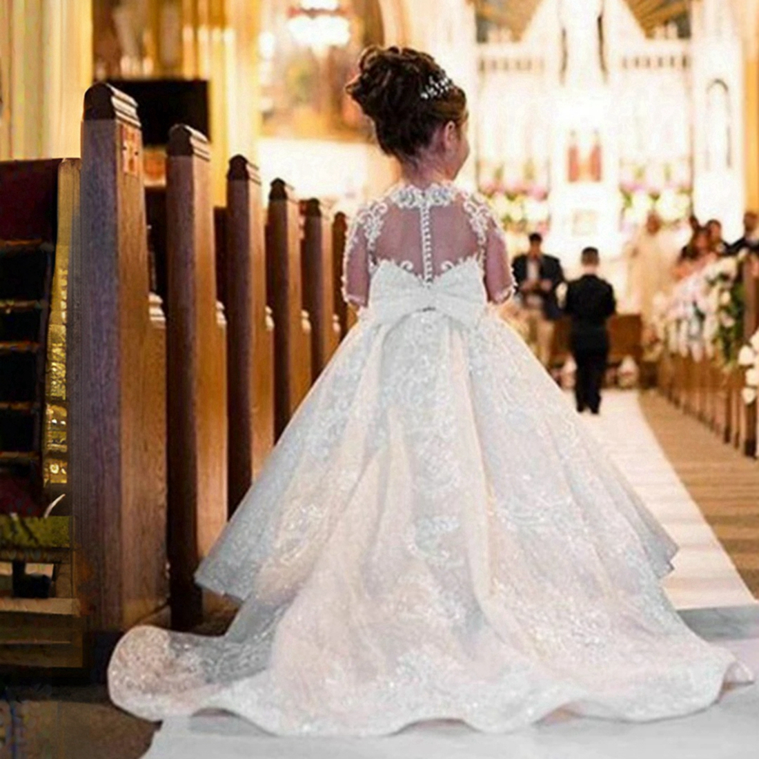 Abiti da ragazza di fiori bianchi maniche lunghe a strati in tulle di pizzo con fiocco sul retro Abiti da principessa regina abiti da bambina bambini Abito da festa matrimonio Abito da sposa CF032