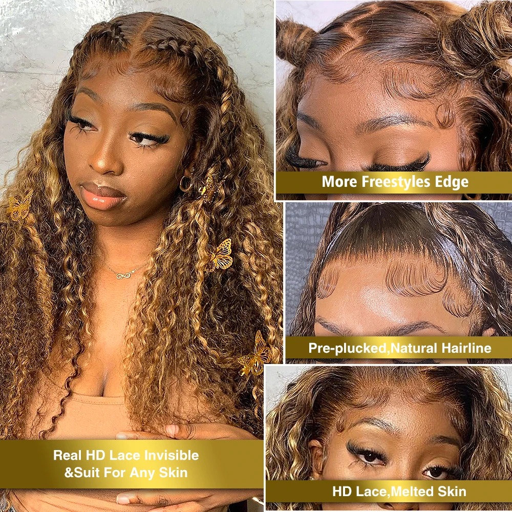 Perruque Lace Frontal Wig sans colle naturelle, cheveux humains, Deep Wave, 13x4, 13x6, à reflets, brun ombré, bouclés, densité 180%, 4/27, pour femmes