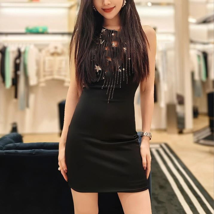 10062 XL 2024 Runway Dress SPring Summer Dress Crew Neck Sleeveless Beads Brand Same Style Womens Dress Fashion High Quality YL