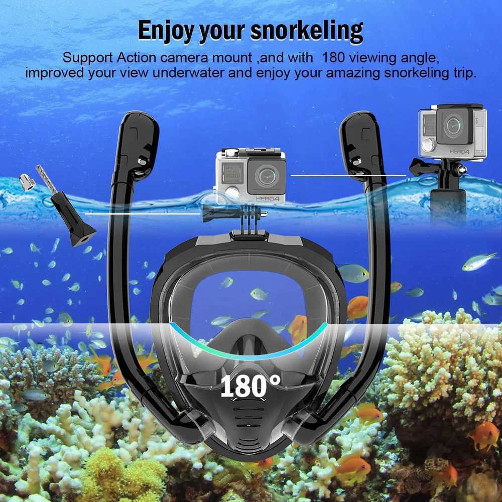 Dykningstillbehör full ansikte snorkelmask 180panoramisk vy silikon torrt topp snorkel dykning simglasögon med 2 snorkels anti-dimma anti-läcka 240118