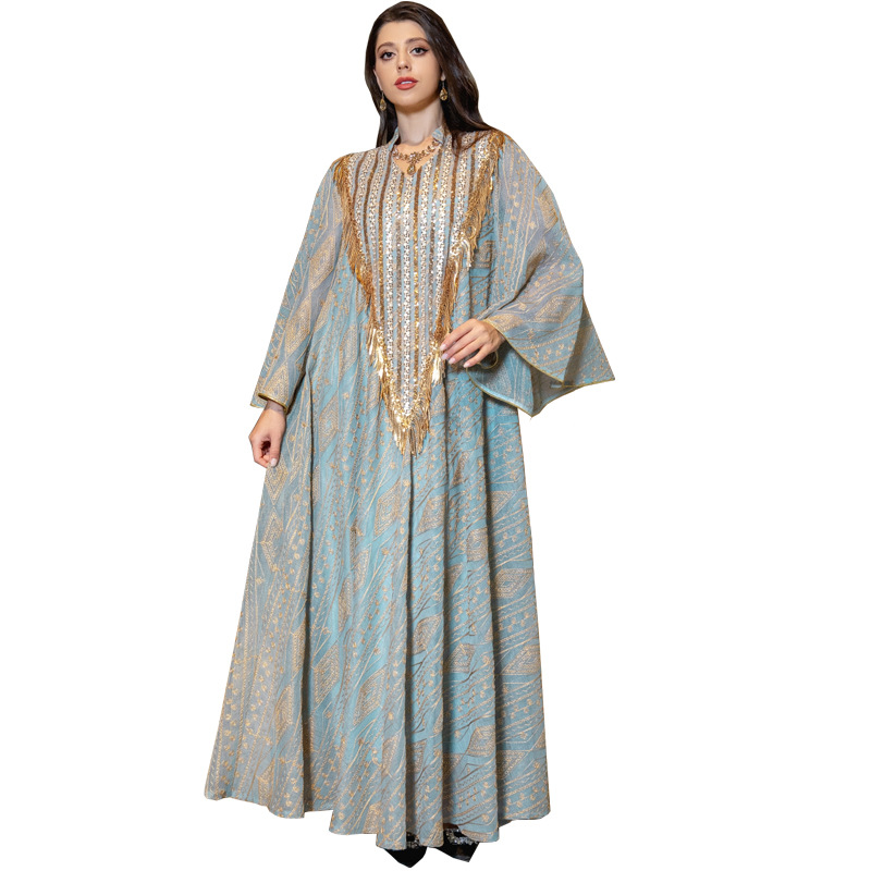 イスラム教徒のイブニングドレスアラビアン控えめなドバイドレス贅沢な刺繍スパンコールローブ中東の民族スタイルの女性服長袖アバヤ