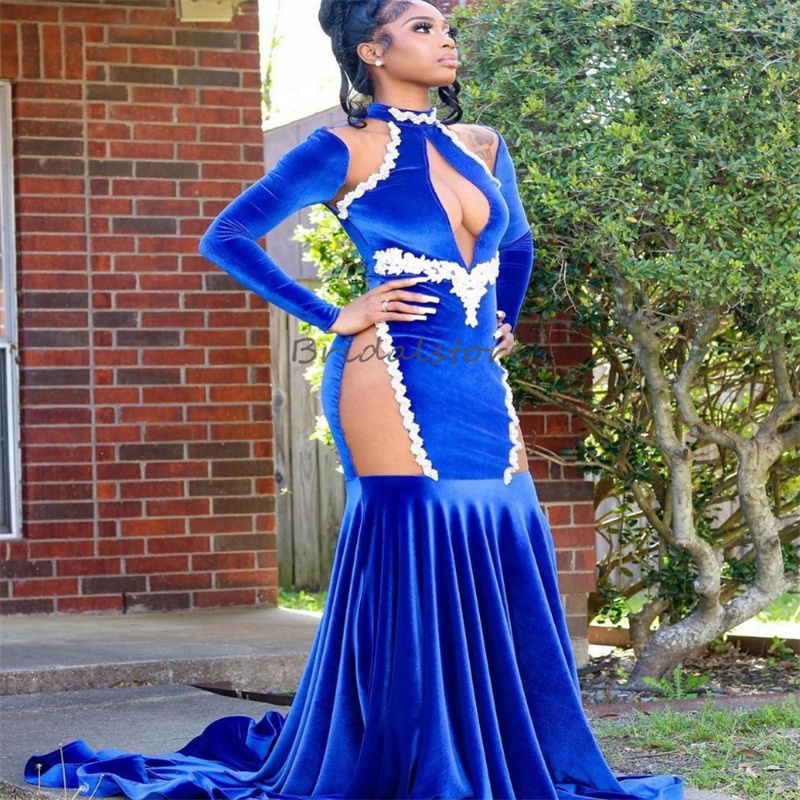 Royal Blue Velvet Prom Dress For Black Girls Plus Size See Through Leg Mermaid Evening Dress Court Train Special Occasion Party Gowns 2024 Long Sleeve Sexy Birthday