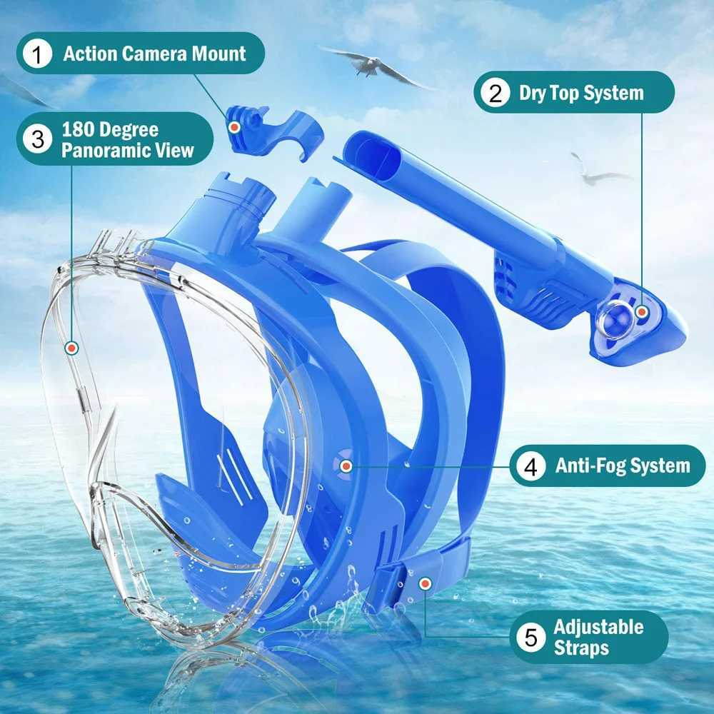 Diving Accessories Full Face Snorkel Mask with Detachable Camera MountSnorkeling Swimming Diving Mask Wide View Anti-Fog Anti-Leak for Adult Kids 240118