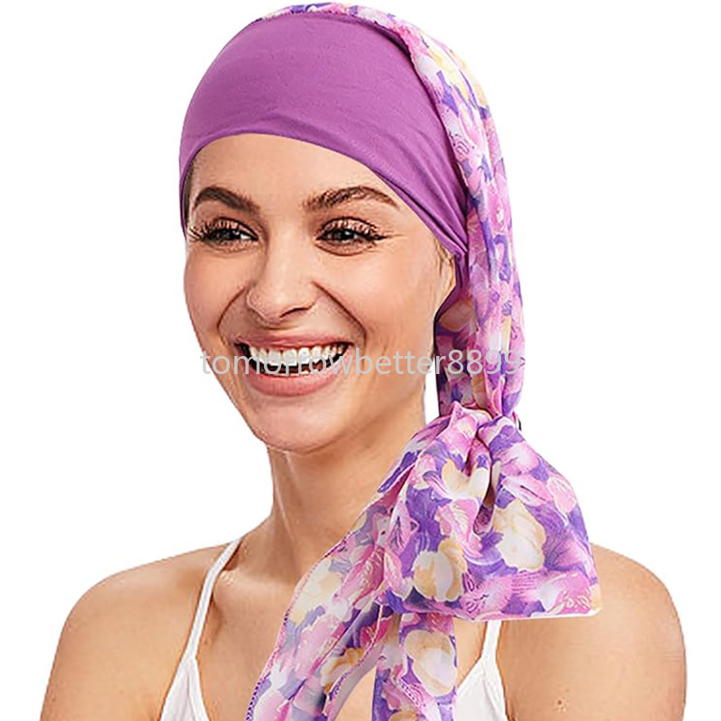 Nieuwe Vrouwen Houtvervanger Katoenen Hoofddoek Chiffon Lint Sjaal En Hoed Mode Gedrukt Wrap Hoofd Streamer Cap Durag Piraat hoed