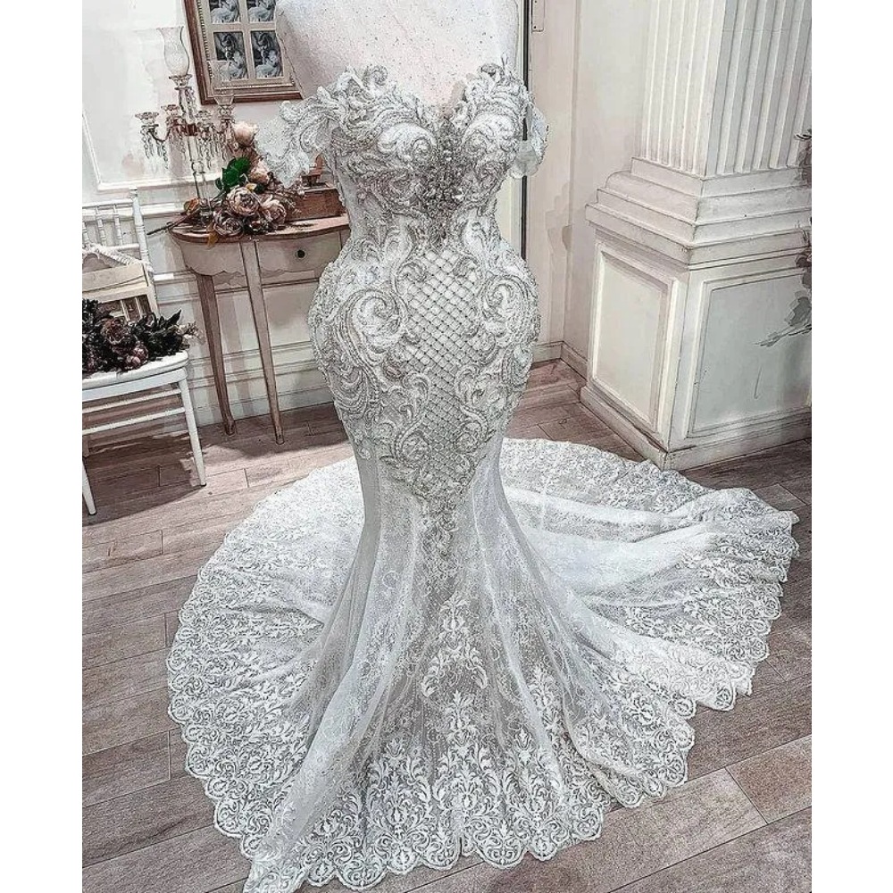 TOUNNINGBRIDE 2024 Vit en linje Bröllopsklänningar Princess Arabiska Luxurious Crystals Spets Wedding Dresses Mermaid Pärled Bridal Dress Custom Made Made