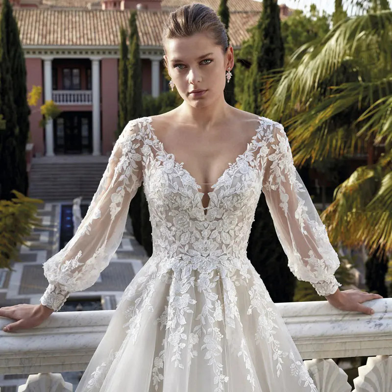 Modern V-neck Applique A-line Wedding Dress Bride 2024 with Long Sleeves Bridal Gown Civil Custom Vestido De Novia YD