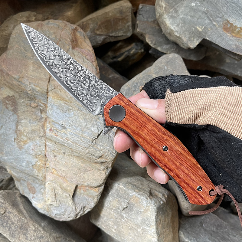 Damaskus Steel VG-10 BALL LAWERING Folding Knife Wood Handle High Hardness Camping Tactical Knives EDC Outdoor Hunting