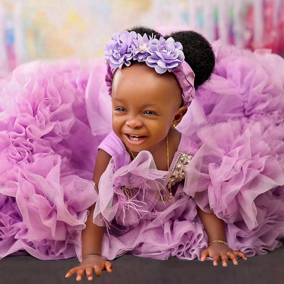 Purple Flower Girl Dresses Juvel Appliced ​​Spets Tiered Tulle Ball Gown Princess Flowergirl Little Kids First Birthday Party Daughter and Mother Dress CF019