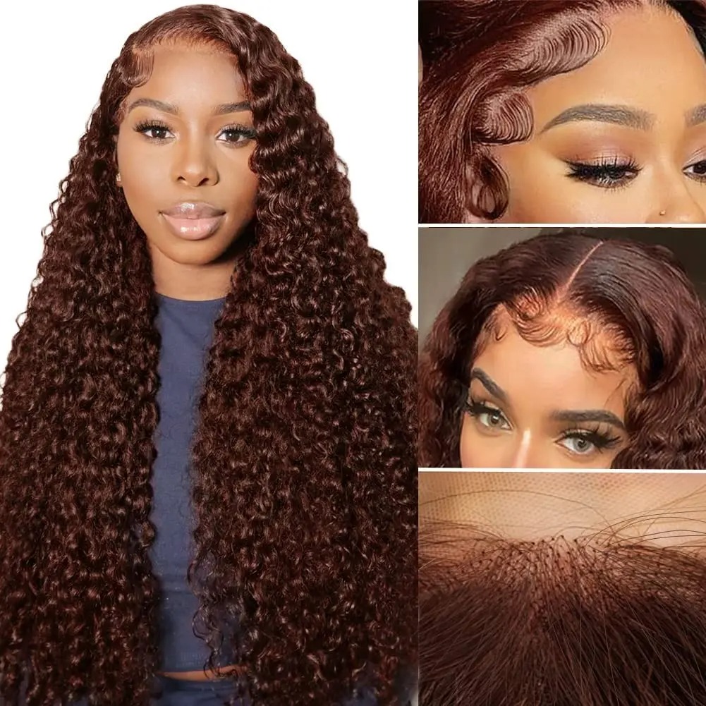 30 Inch Colored Chocolate Brown Curly 13x4 Lace Front Human Hair Wig Brazilian Deep Wave 13x6 Transparent Lace Frontal Wig