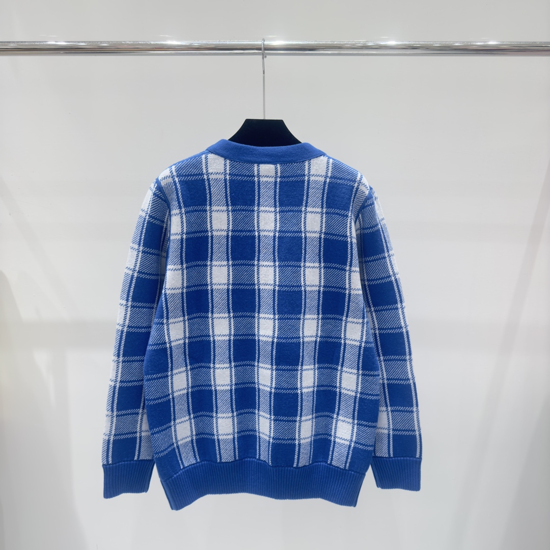 11002 2024 Runway Summer Brand SAme Style Sweater Long Sleeve V Neck Cardigan Fashion Clothes Plaid Blue High Quality Womens weilan