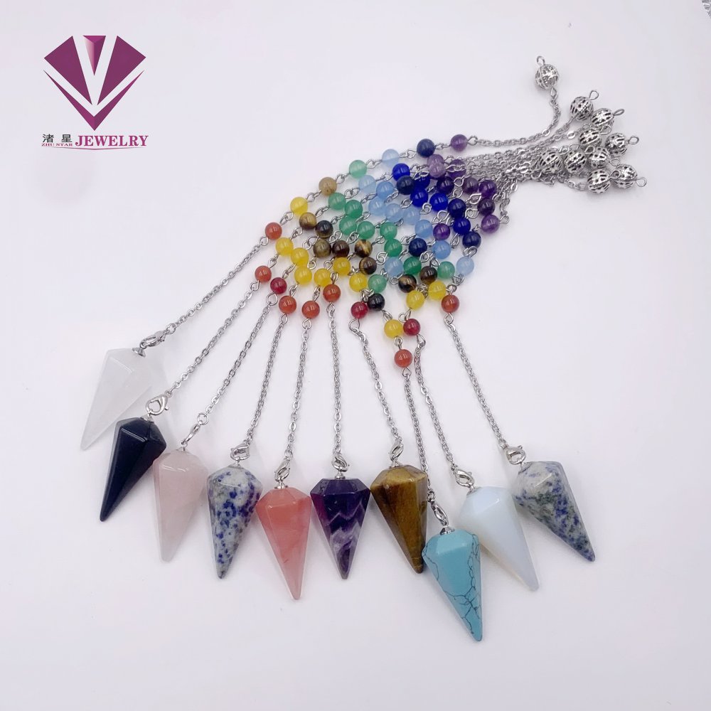 Natural Stone Decorative Spiritual Therapy Yoga Colorful Beads and Seven Chakra Spiritual Pendant Hexagonal Cone Necklace Pendant Jewelry for Women