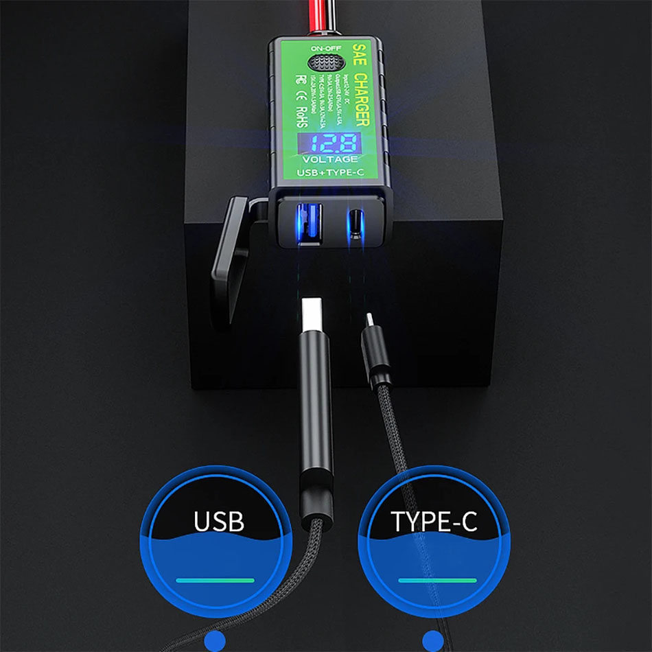 Motorrad-USB-Ladegerät SAE auf USB 3.0 Typ C 3,1 A/4,8 A Voltmeter EIN/Aus-Schalter Wasserdichter Schnelltrennstecker Schnellladeadapter