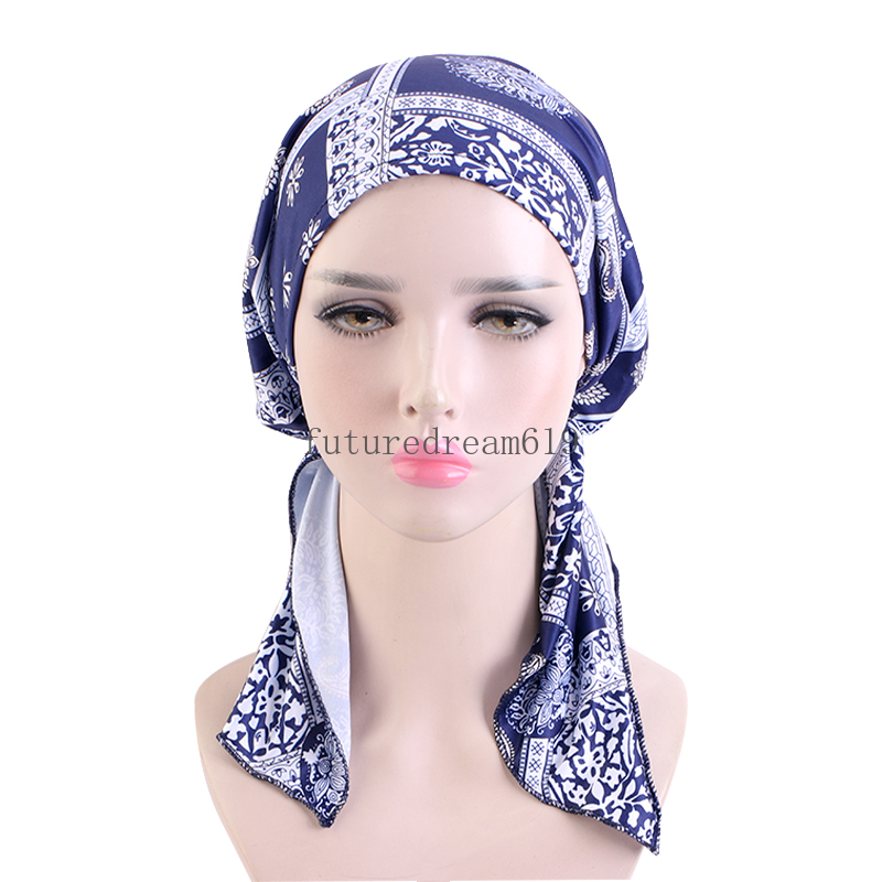 Женский новый предварительно завязанный эластичный тюрбан с принтом, мусульманский длинный хвост, хиджаб, парик, шляпа, платок, химиотерапия, кепка, модная пиратская шляпа