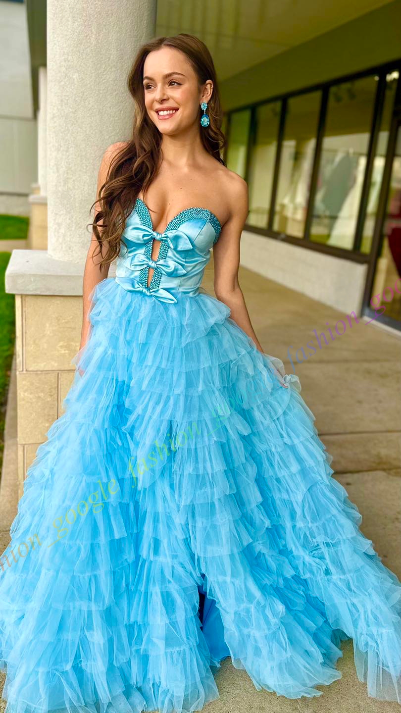 Sweetheart Ruffled Evening Dress with Slit Elegant Long Party Gown for Wedding Guest Winter Formal Event Prom Night Special Occasion Pageant Wear Light Blue Black