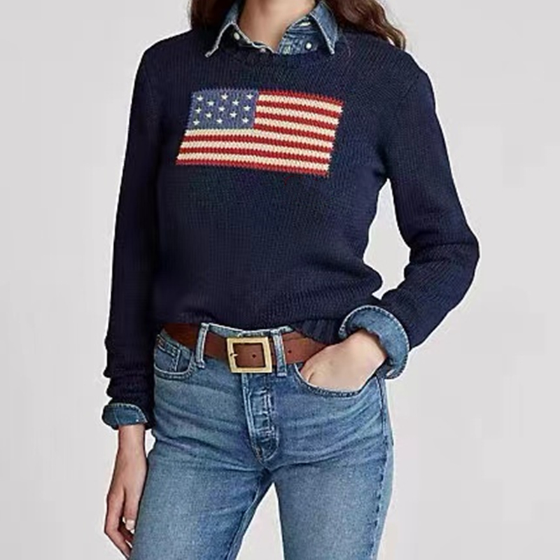 Morbido di base 2024 nuove donne maglione moda maglione lavorato a maglia Top donna 100% cotone bandiera americana pullover maglioni