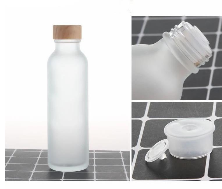 Frosted Glass Jar Cream Bottles Round Cosmetic Packaging Jars Hand Face Lotion Pump Bottle with wood grain cap SN5342