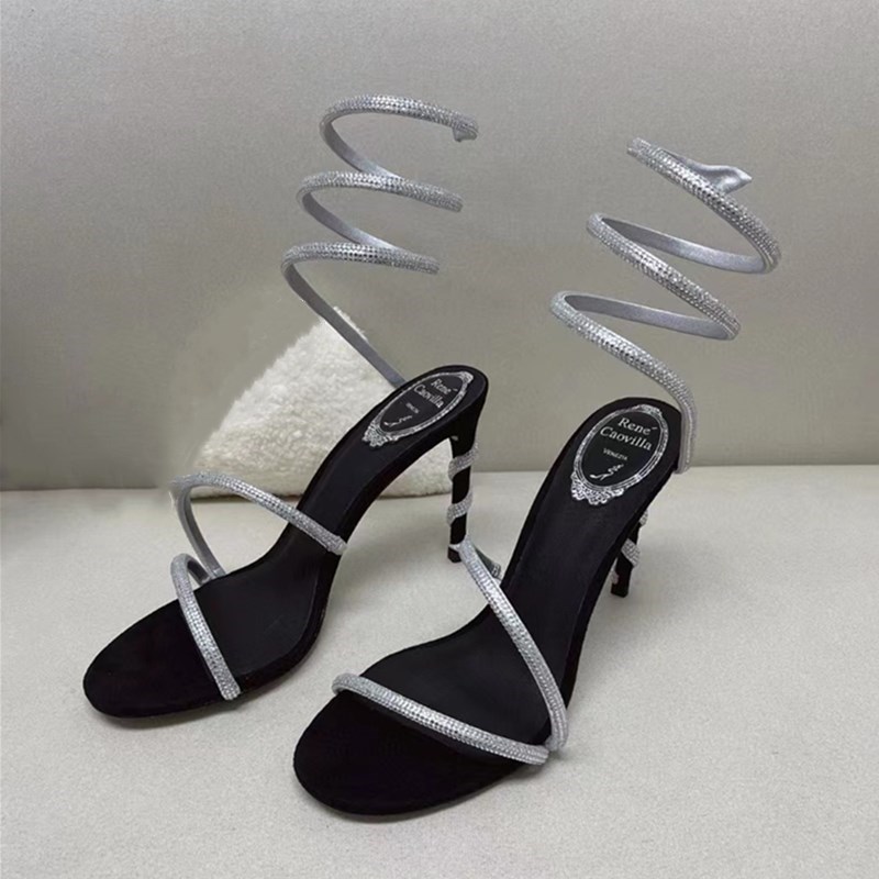 Rene Caovilla New Women's Sandals Crystal BlackBling Linestone High Heals Summer Shoes for Women Stlettos35-43サイズ