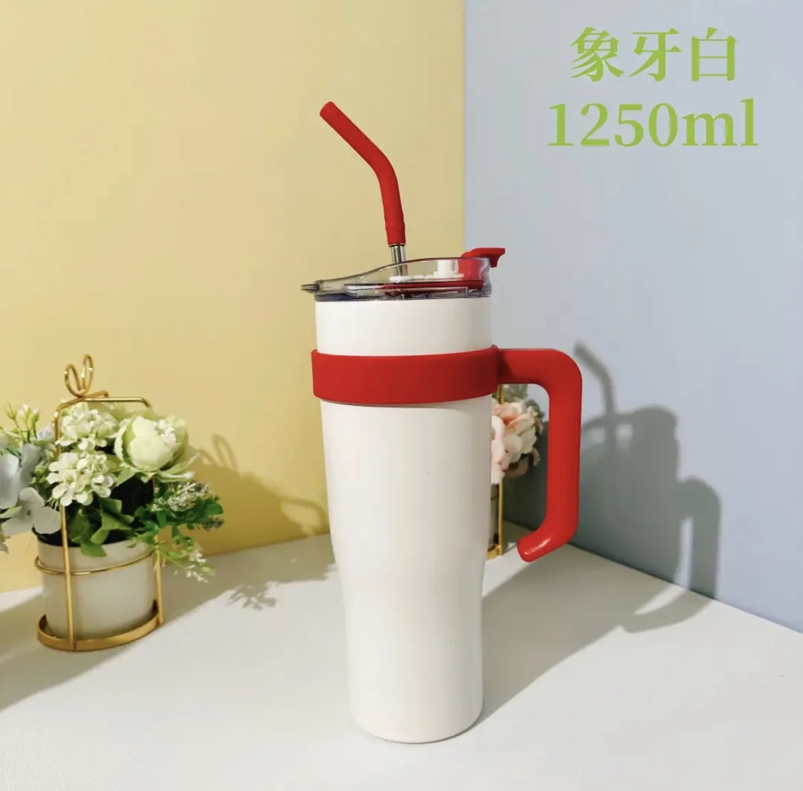 1200 ml rostfritt stål termosisolering Kaffemuggar med handtag Vakuumkolvar Portable Straw Summer Water Bottle Tumblers 0119