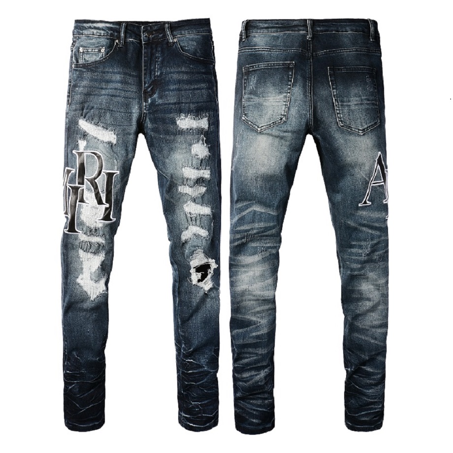 Street Hip-Hop Trend Men's Jeans with Letter Logo Embroidery, Patchwork, Knife-Cut Distressing, Water-Washed Vintage Look, Elastic Slim Fit Long Pants