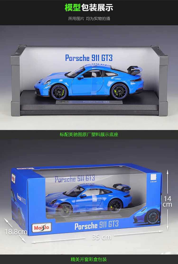 Elektro-/RC-Auto Maisto 1 18 2022 Porsche 911 GT3 Sportwagen, statische Druckgussfahrzeuge, Sammlerstück, Modellauto, Spielzeug, Haiblau/glänzend Schwarz, L231223