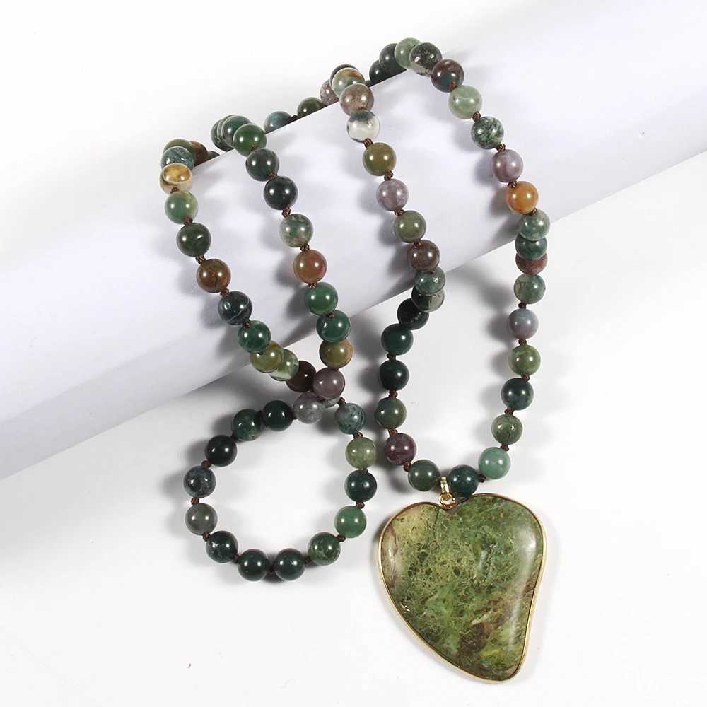 Pendant Necklaces New Fashion Bohemian Jewelry Green India Agated Knotted Necklace Multicolor Stone heart Pendant Women Necklaces Free ShippingL240105
