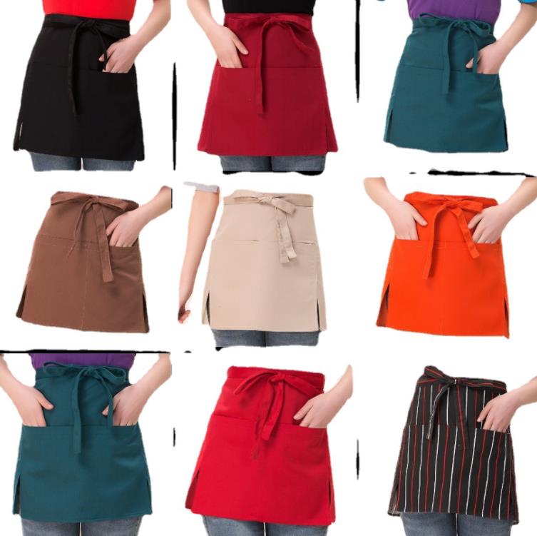 Solid Color Half Bust Bib Apron Restaurant Coffee Tea Shop Waitress Work Clothes Aprons Kitchen Waist Short Apron With Pockets SN5340