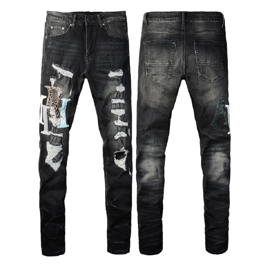 Street Hip-Hop Trend Men's Jeans with Letter Logo Embroidery, Patchwork, Knife-Cut Distressing, Water-Washed Vintage Look, Elastic Slim Fit Long Pants