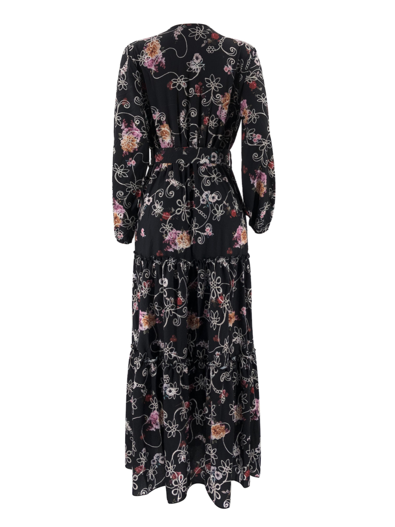 Elegant Women New Floral Printing High-neck Long Dress Casual Holidays Dresses with Belt Round Collar Embroidery Party Gowns