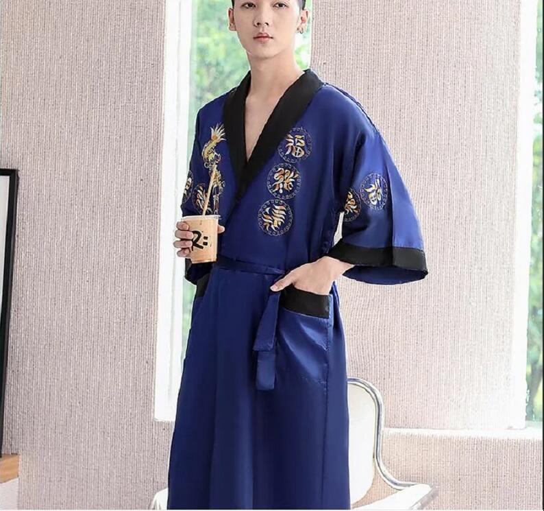 ホットセール新しい中国語スタイルの男性女性高品質のダブルフェイスサテンタンナイトガウン刺繍ドラゴンホームバスローブパジャマ