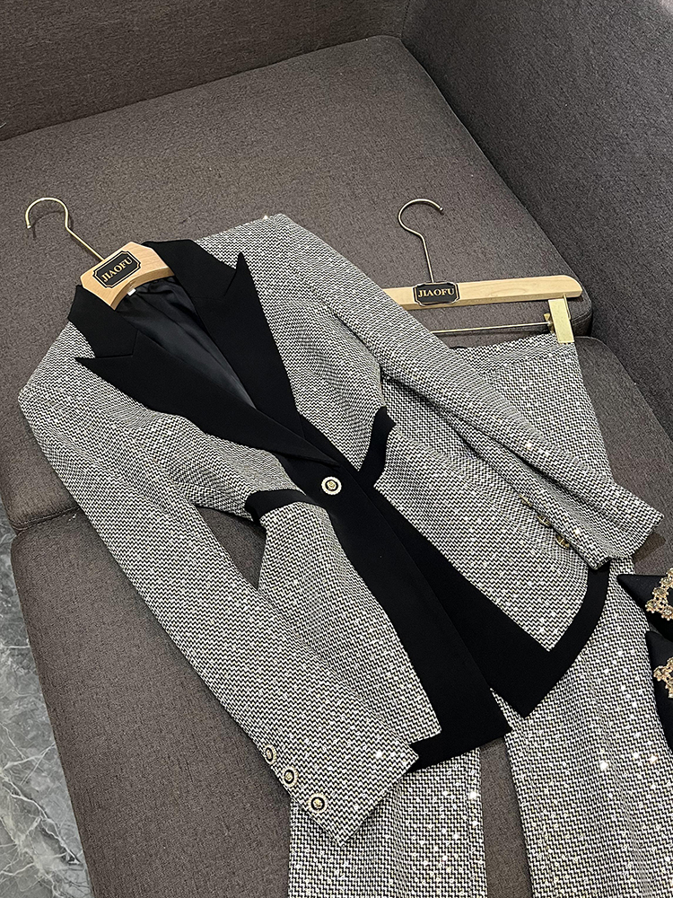 2024 Spring Black Contrast Color Sequins Två stycken byxor sätter långärmad hackad-lapel panelerade blazers topp + långa byxor set två stycken kostymer o4J152325