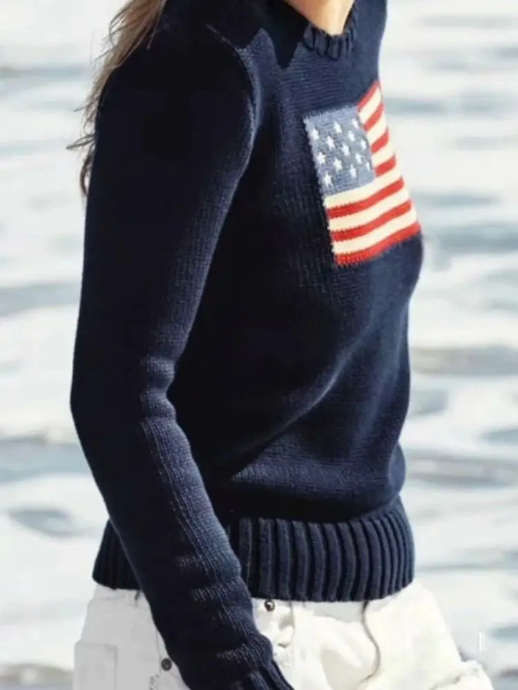 Morbido di base 2024 nuove donne maglione moda maglione lavorato a maglia Top donna 100% cotone bandiera americana pullover maglioni