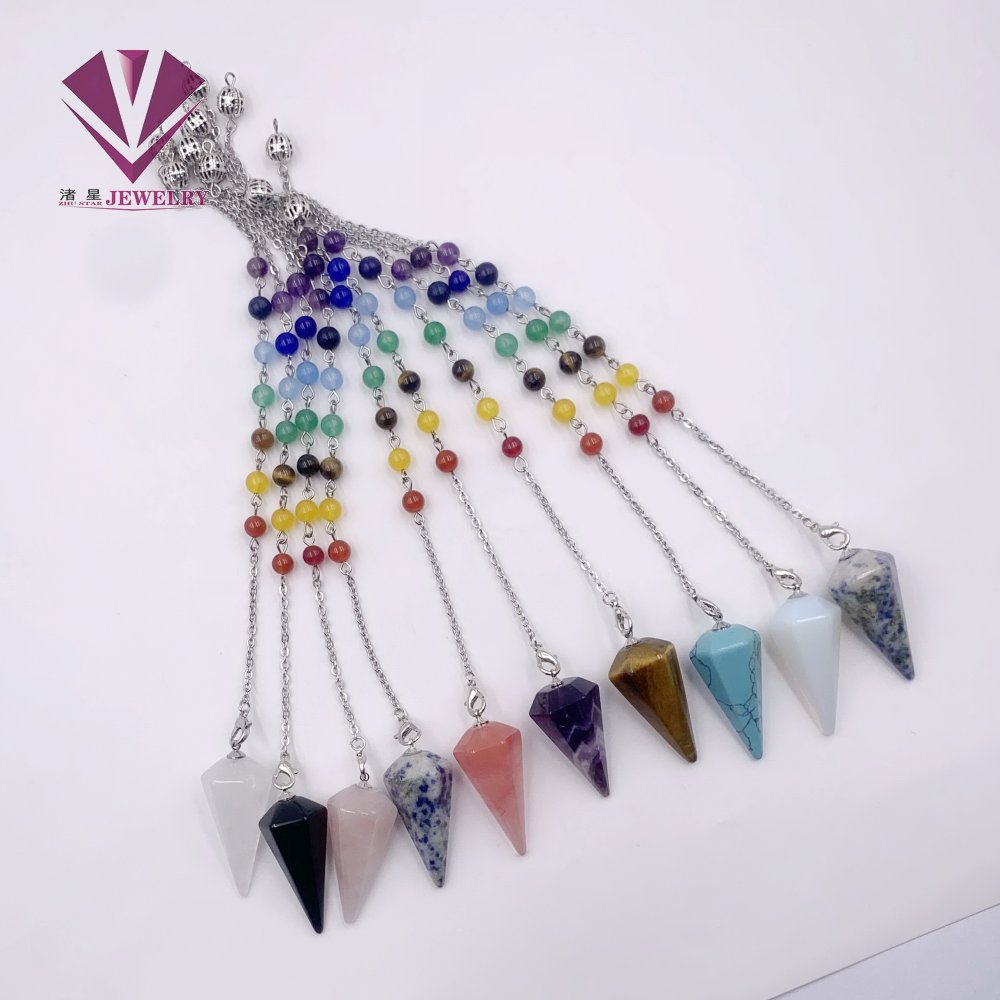 Natural Stone Decorative Spiritual Therapy Yoga Colorful Beads and Seven Chakra Spiritual Pendant Hexagonal Cone Necklace Pendant Jewelry for Women