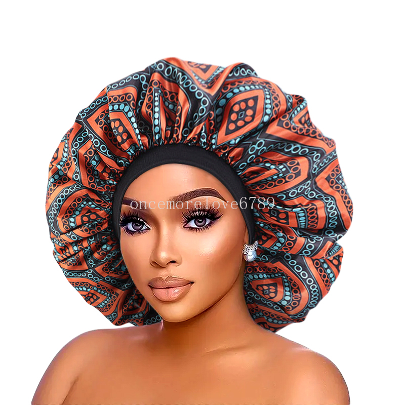 Elástico feminino tamanho grande cabeça envoltório padrão africano impressão gorro cetim touca de banho touca de sono moda beleza e cuidados com o cabelo chapéu